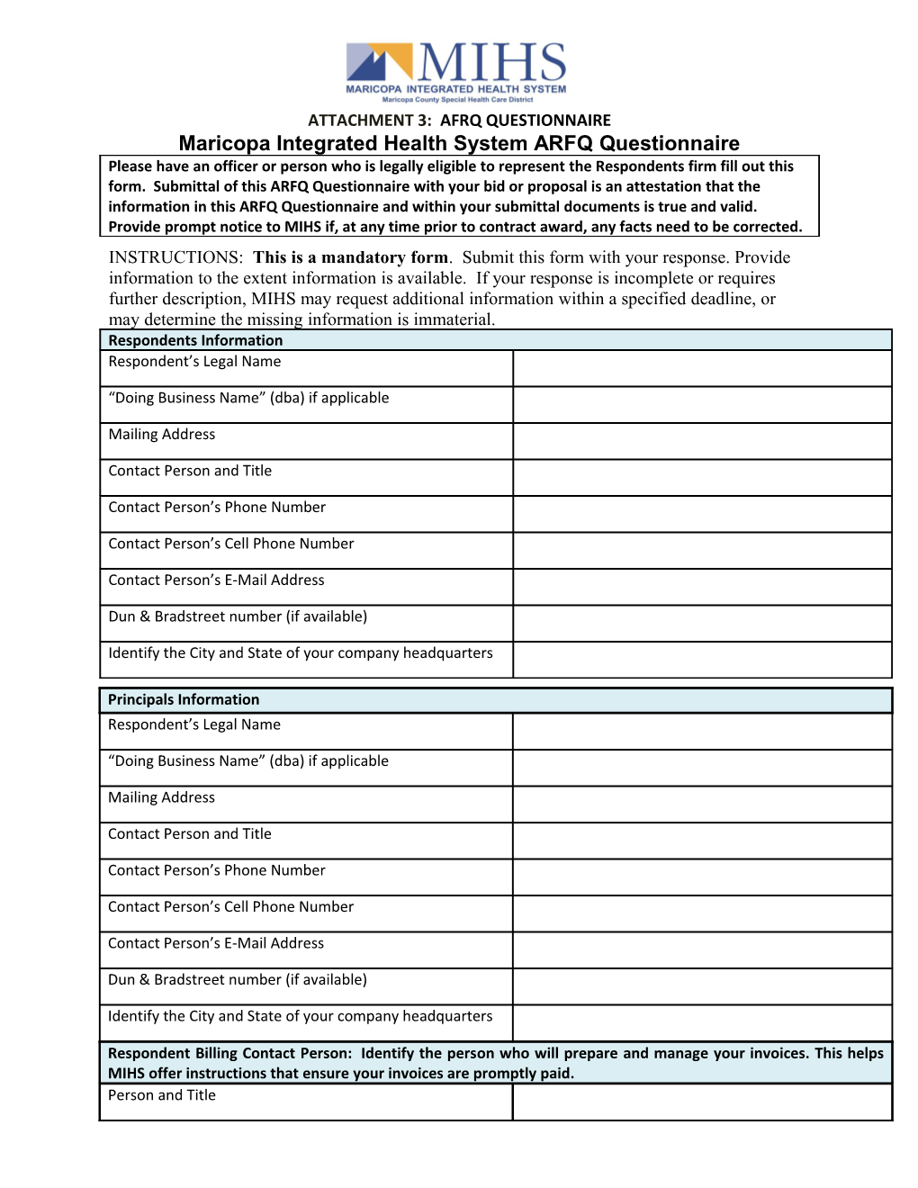 Maricopa Integrated Health System ARFQ Questionnaire