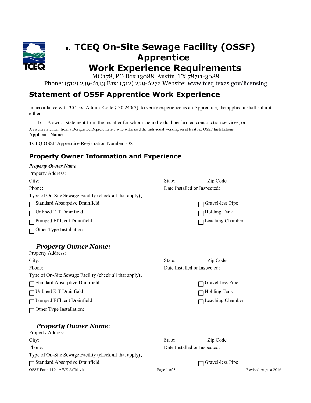 TCEQ On-Site Sewage Facility (OSSF) Apprentice Work Experience Requirements