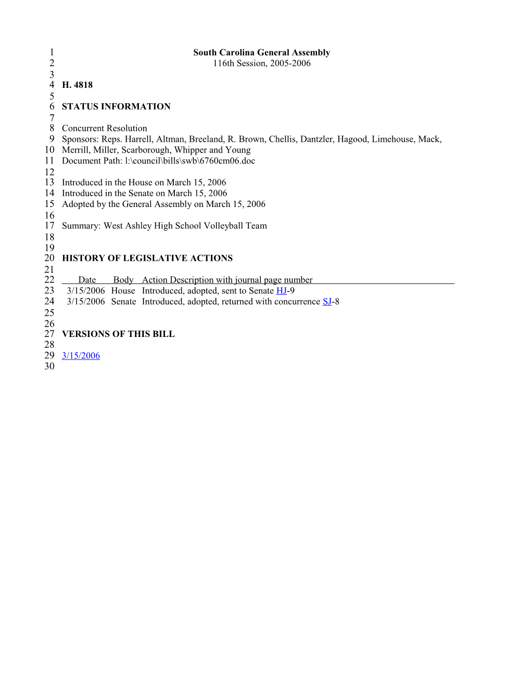2005-2006 Bill 4818: West Ashley High School Volleyball Team - South Carolina Legislature Online