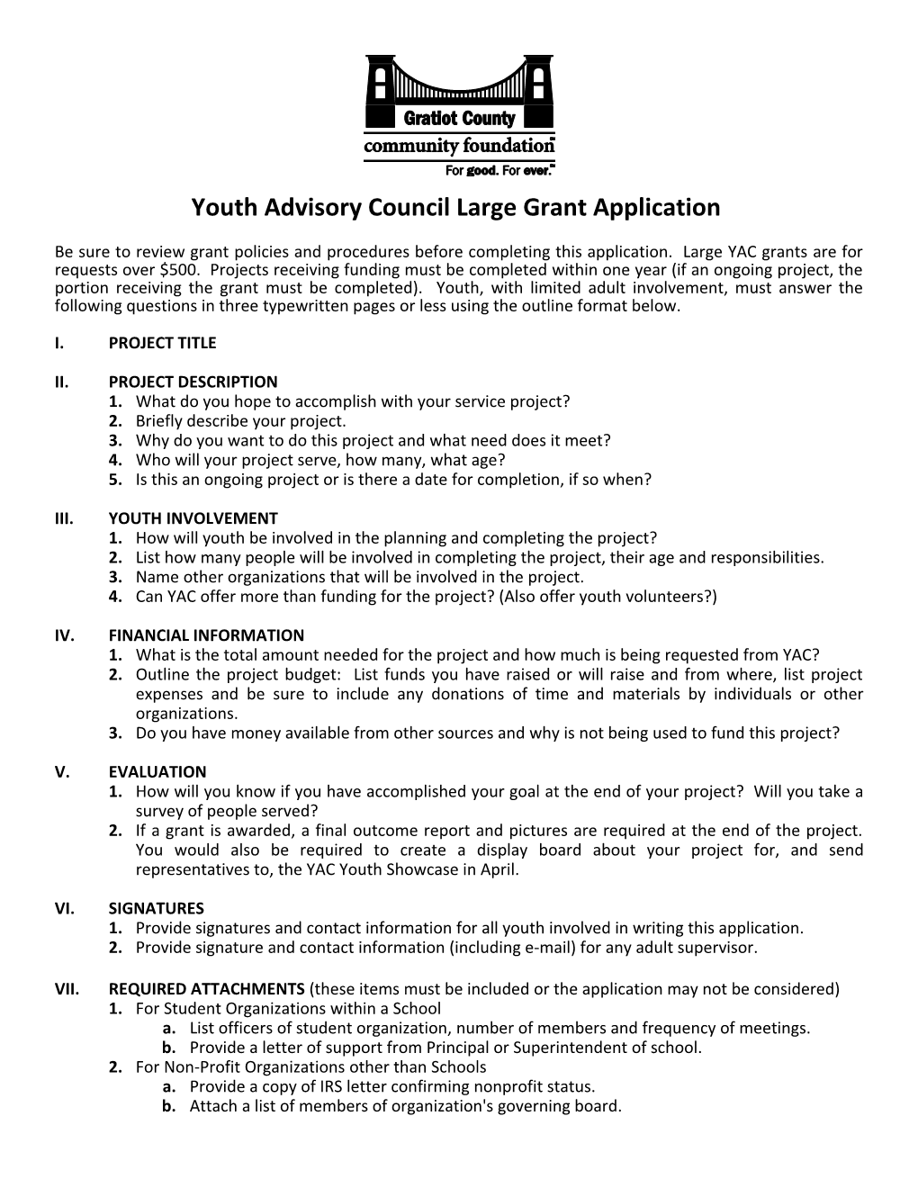 Youth Advisory Council Large Grant Application