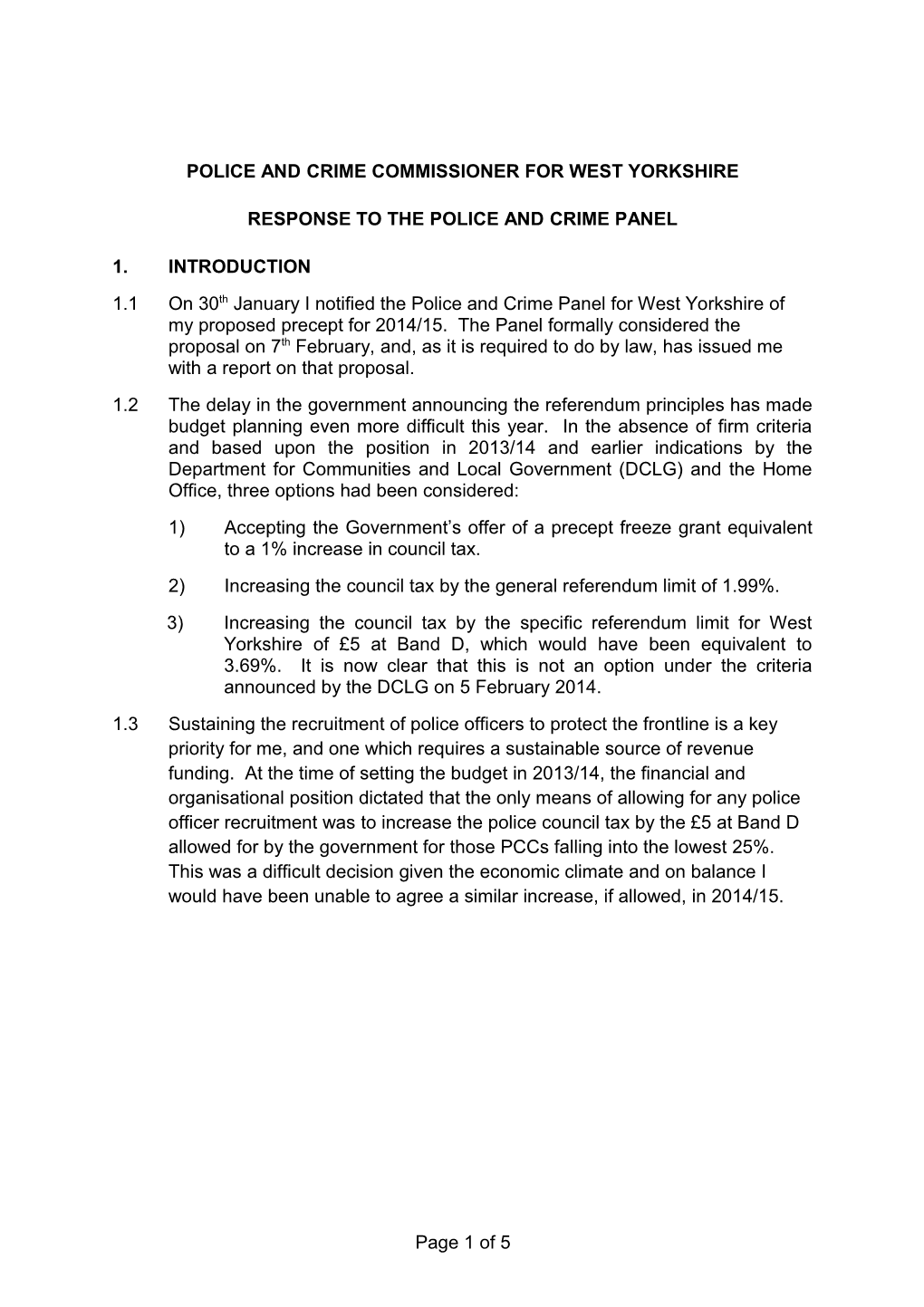 Item 5 - PCC Response to Panel Precept Report