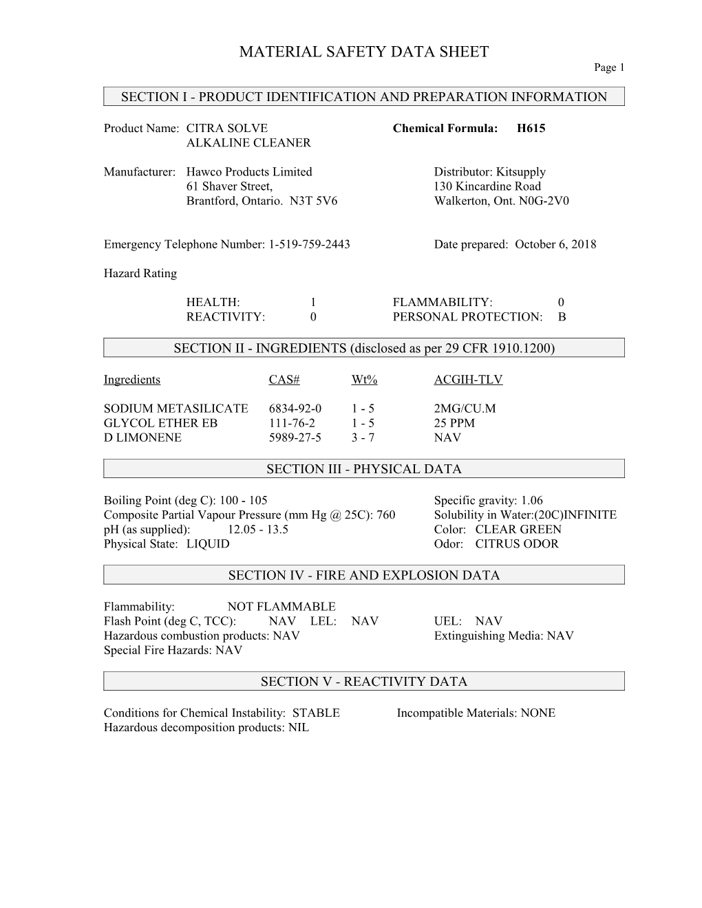 Section I - Product Identification and Preparation Information