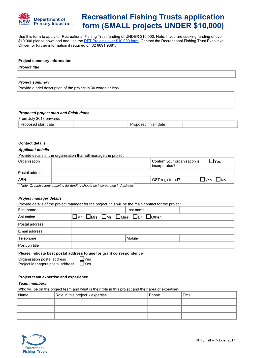 Recreational Fishing Trusts Funding Application Form UNDER $10,000