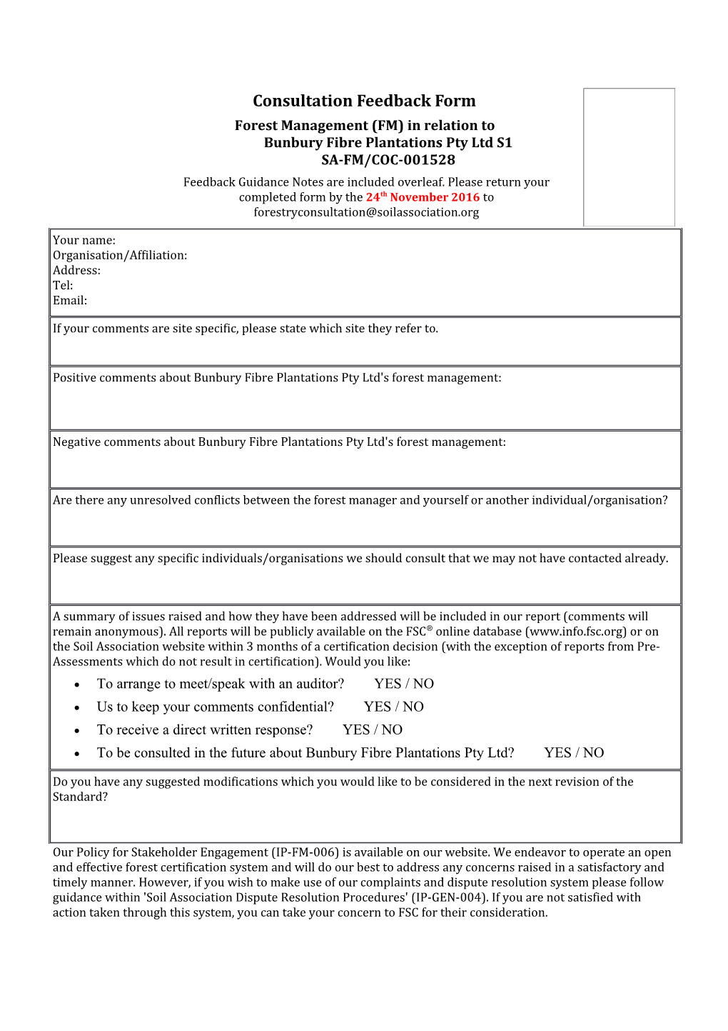 Forest Management (FM) in Relation to Bunbury Fibre Plantations Pty Ltd S1SA-FM/COC-001528