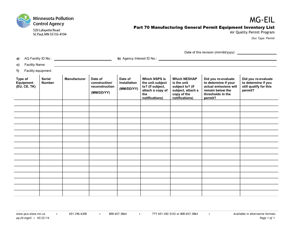 MG-EIL Part 70 Manufacturing General Permit Annual Equipment Inventory List - Air Quality