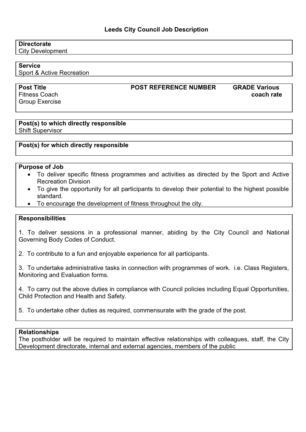 Leeds City Council Job Description