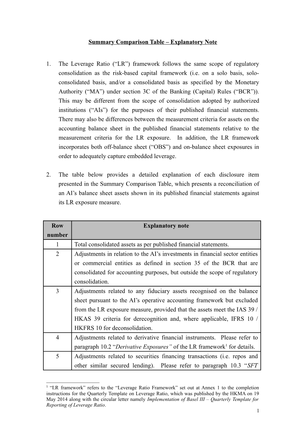 Summary Comparison Table Explanatory Note