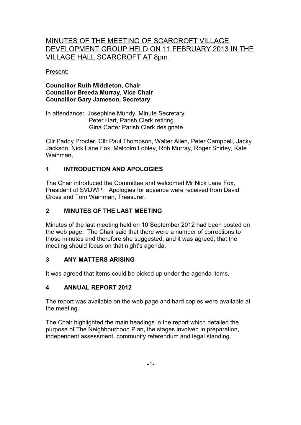 Minutes of the Meeting of Scarcroft Village Development Executive Group Held on 11 December