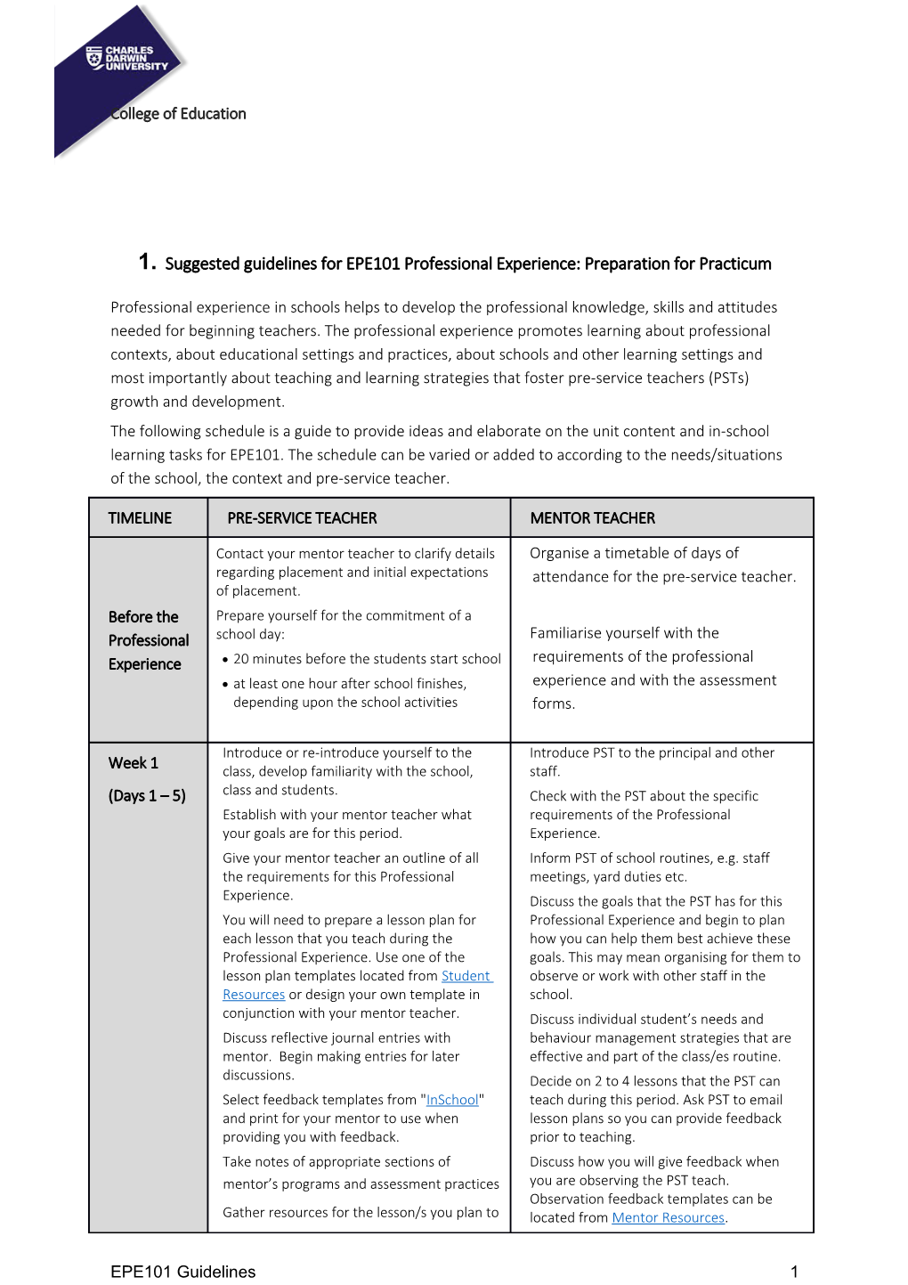 Suggested Guidelines for EPE101 Professional Experience: Preparation for Practicum