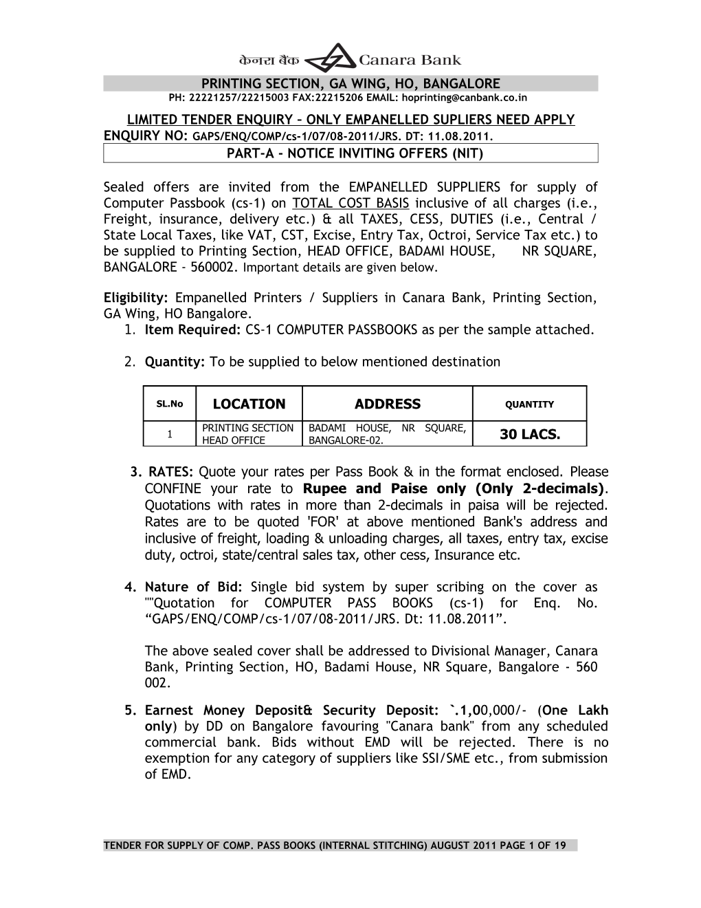 General Rules and Instructions for the Guidance of Tenderer