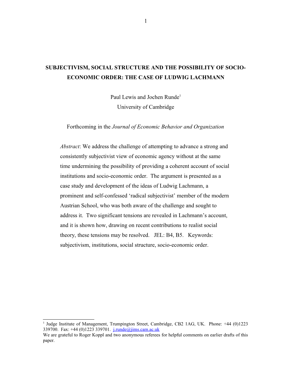 Ii Lachmann on Radical Subjectivism and the Possibility of Socio-Economic Order