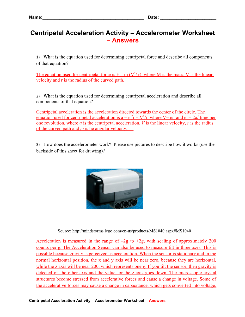 Centripetal Acceleration Activity Accelerometer Worksheet Answers