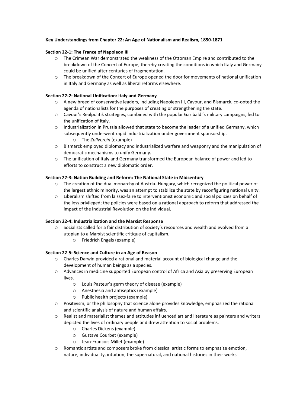 Key Understandings from Chapter 22: an Age of Nationalism and Realism, 1850-1871