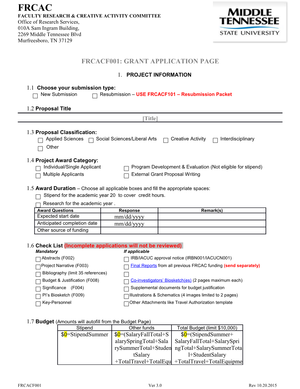 Frcacf001: Grant Application Page
