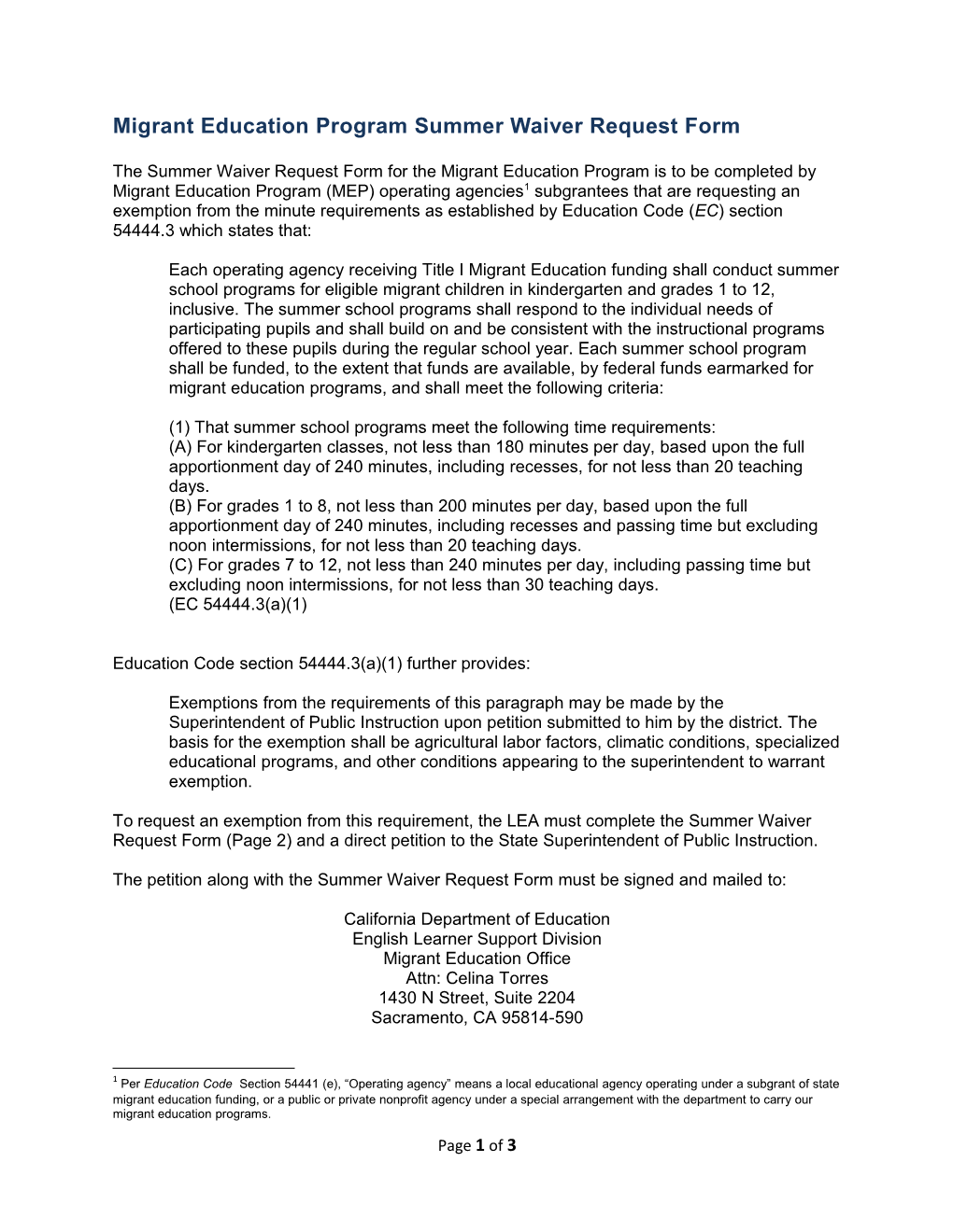 Waiver-16: MEP (CA Dept of Education)