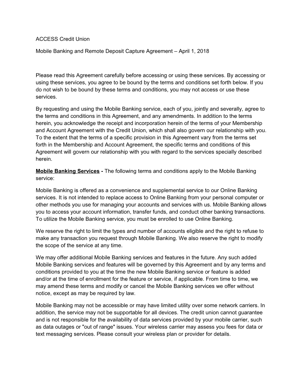 Mobile Banking and Remote Deposit Capture Agreement April 1, 2018