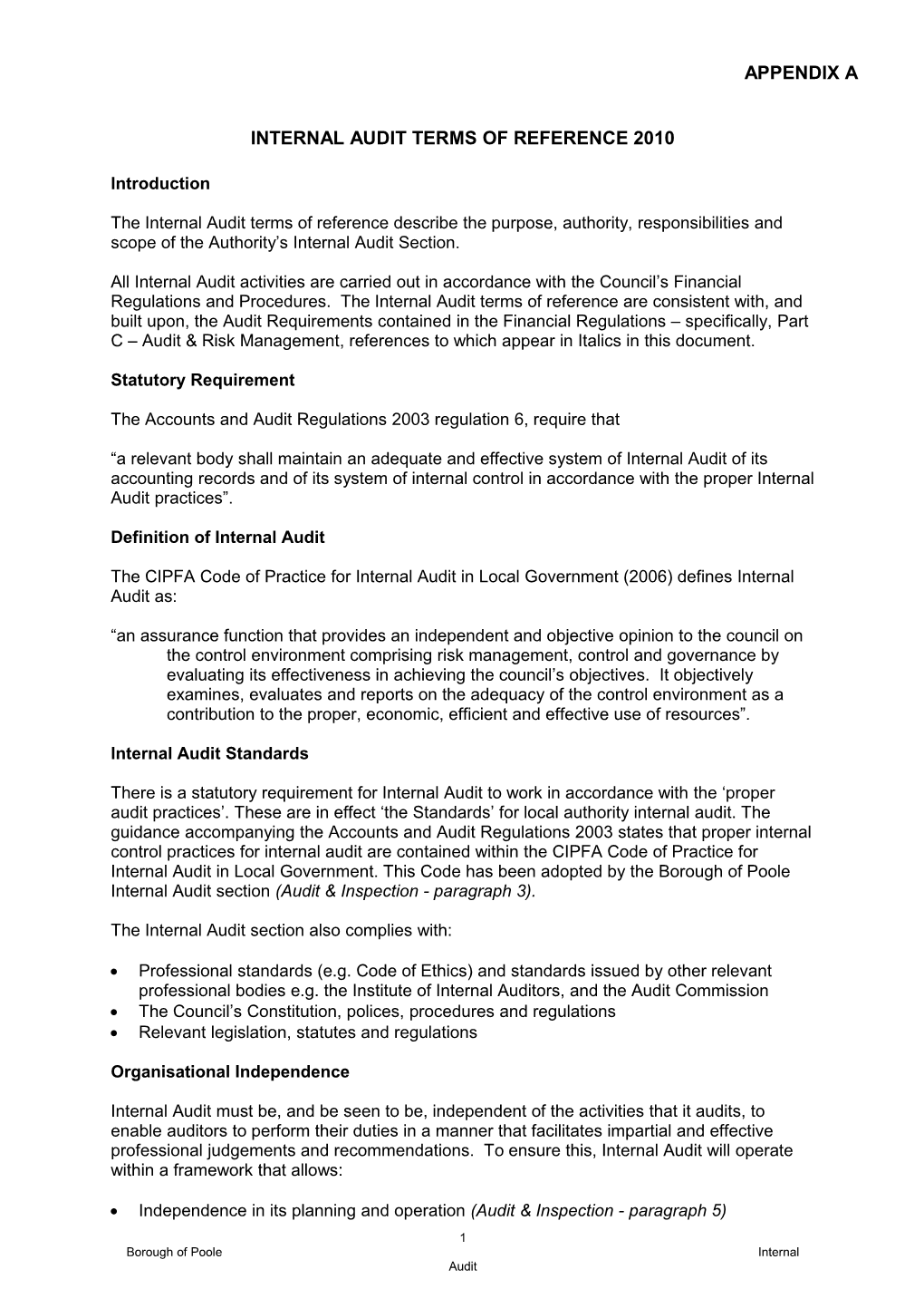 Internal Audit Terms of Reference Appendix A