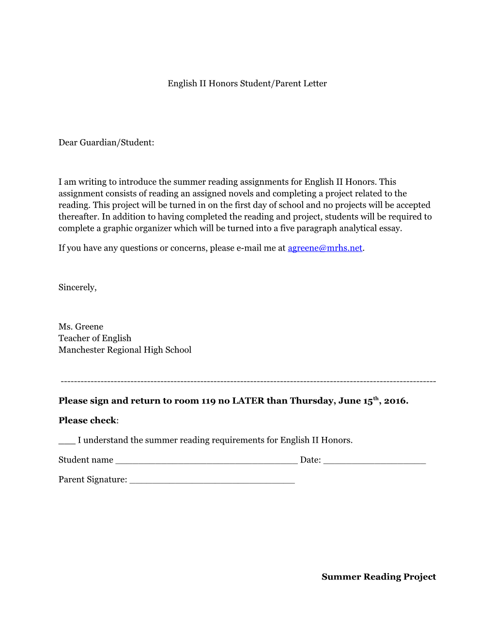 English II Honors Student/Parent Letter