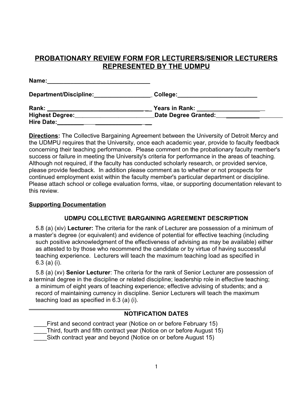Probationary Review Form for Lecturers/Senior Lecturers