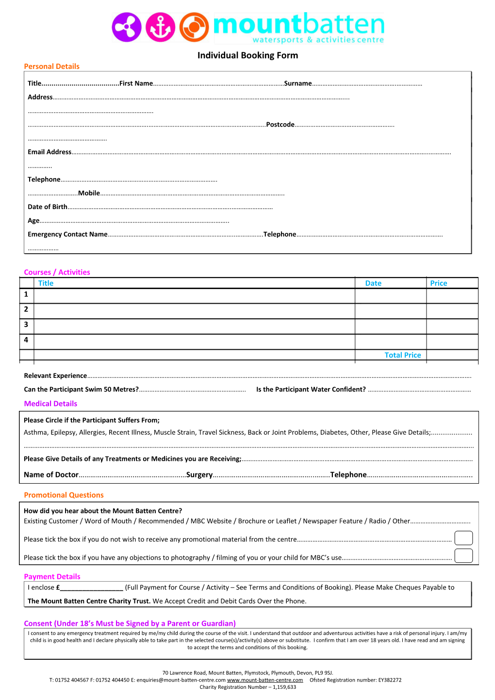 Adult Booking Form