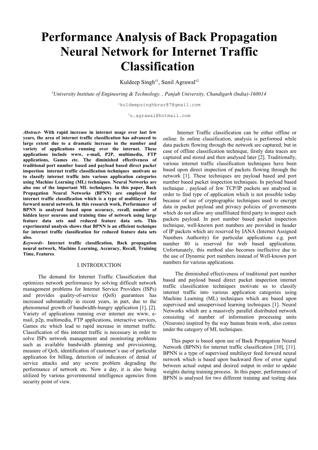 Performance Analysis of Back Propagation Neural Network for Internet Traffic Classification