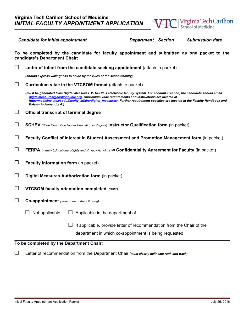 Initial Faculty Appointment Application