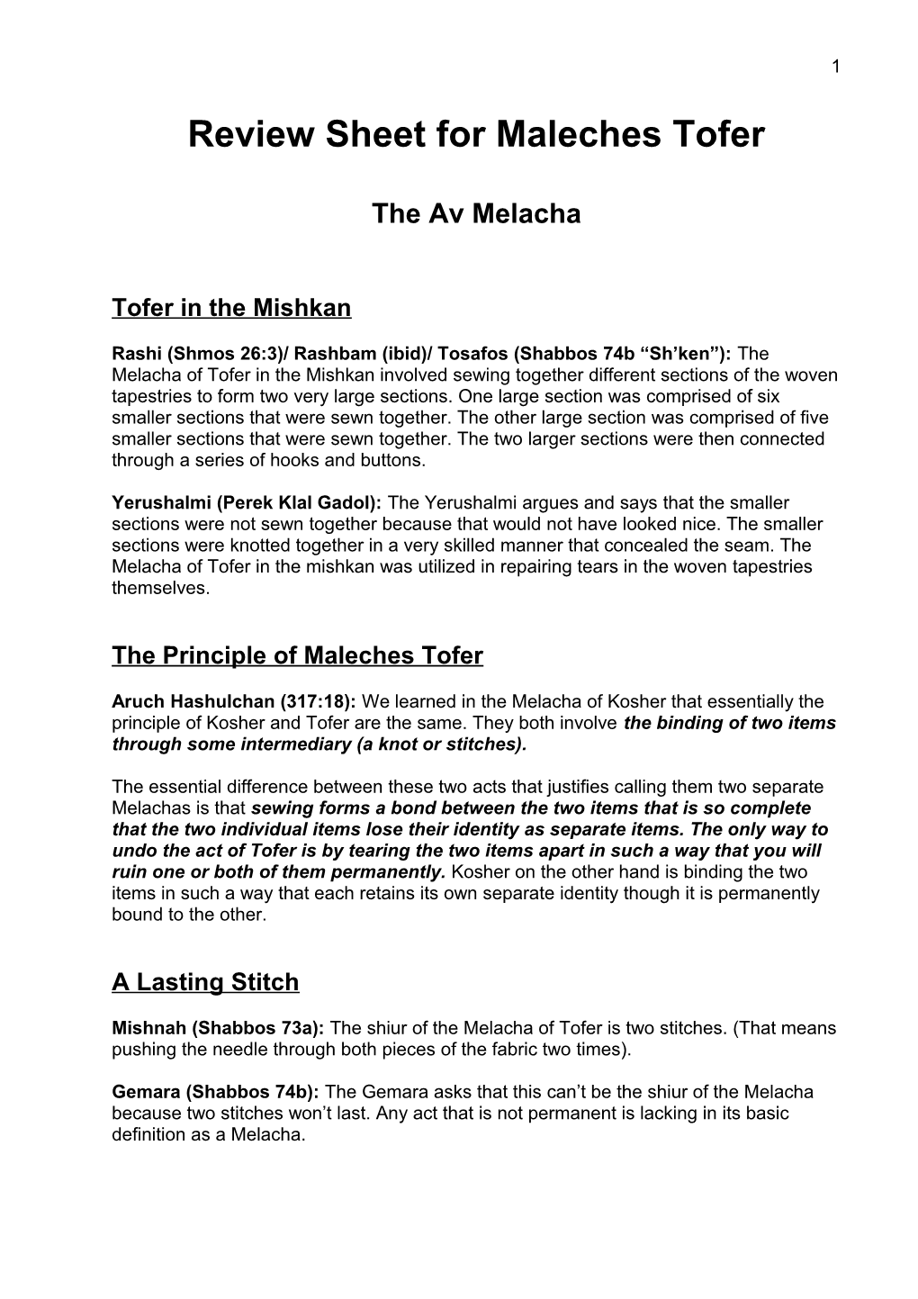 Review Sheet for Maleches Tofer