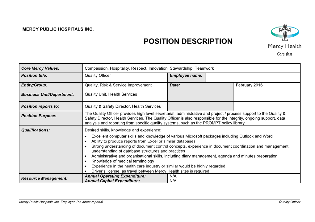 Mercy Health Manager Position Description Template