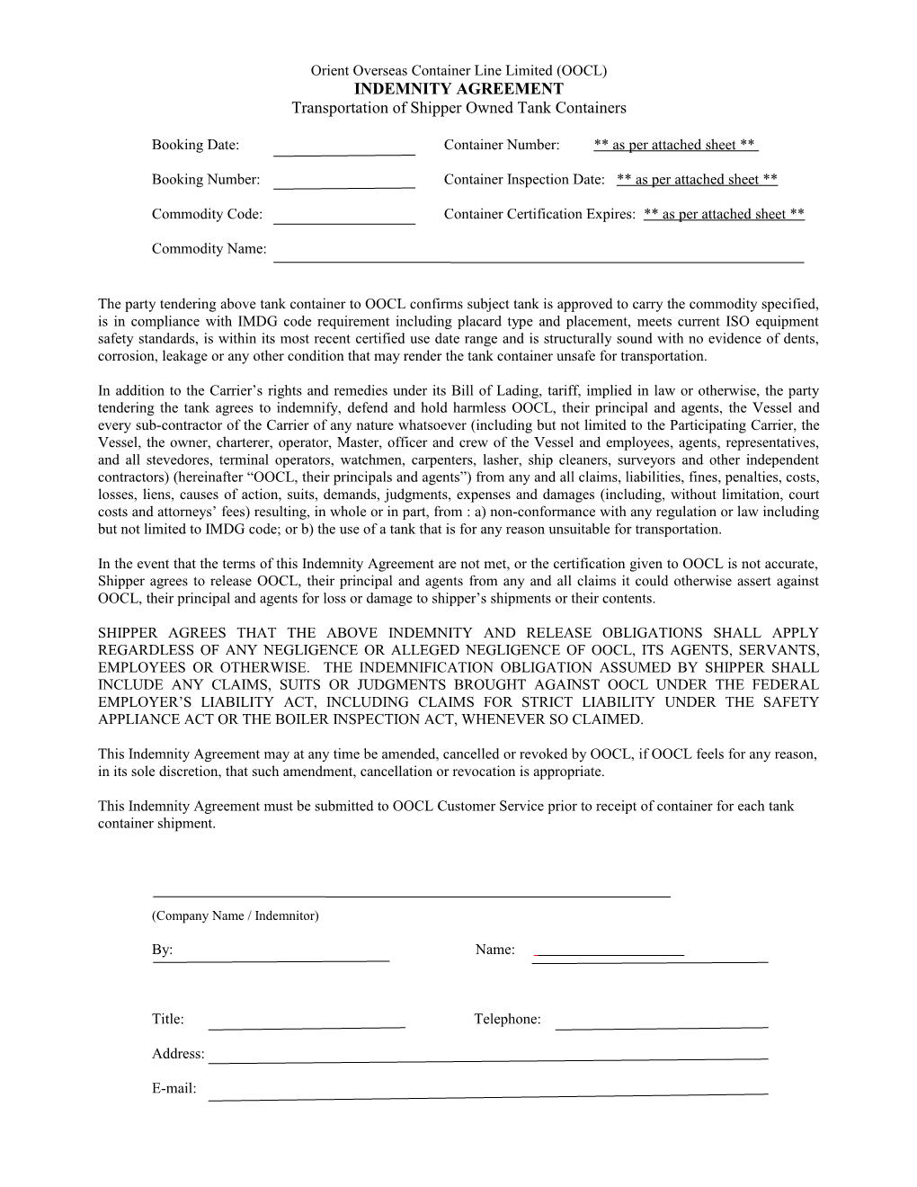 Blank Form of LOI Tanks (With Attached Sheet)