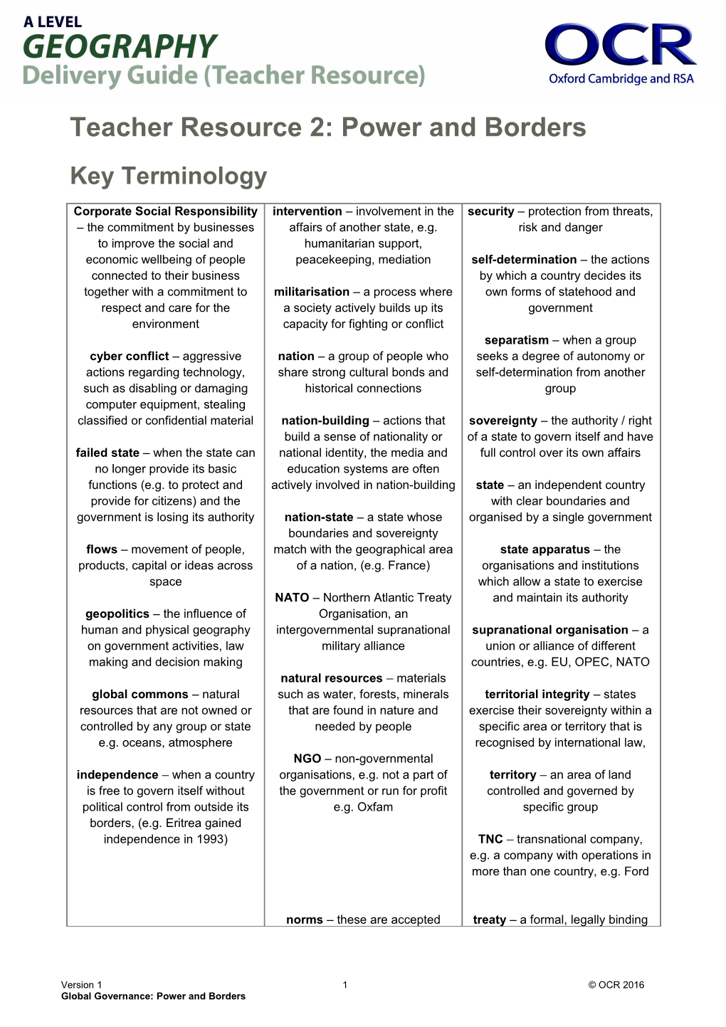 A Level Geography Delivery Guide (Learner Resource) - Global Governance: Option D Power