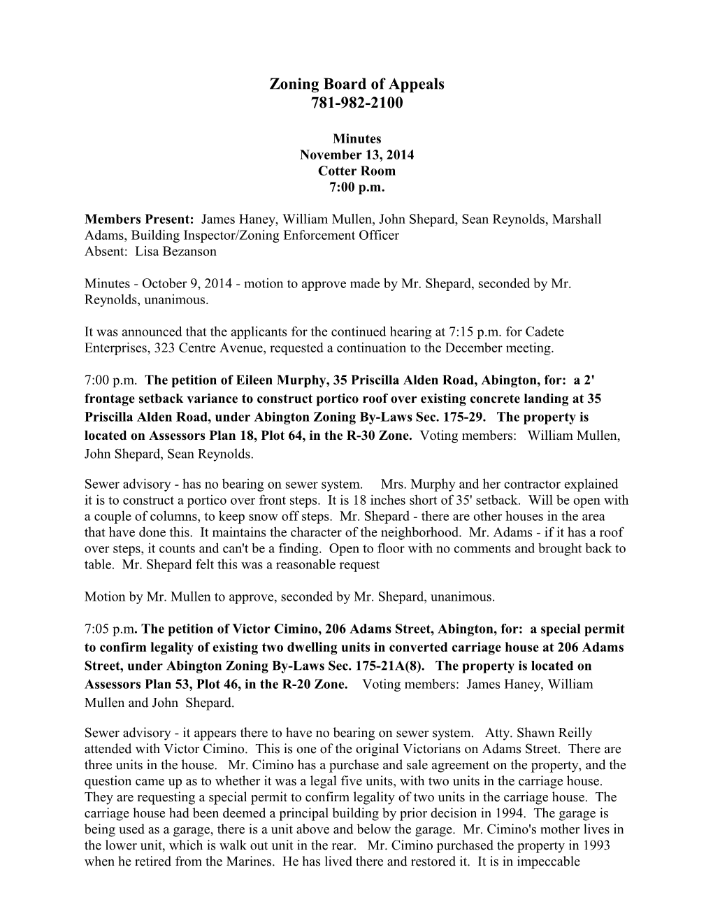 Zoning Board of Appeals Minutes November 13, 2014