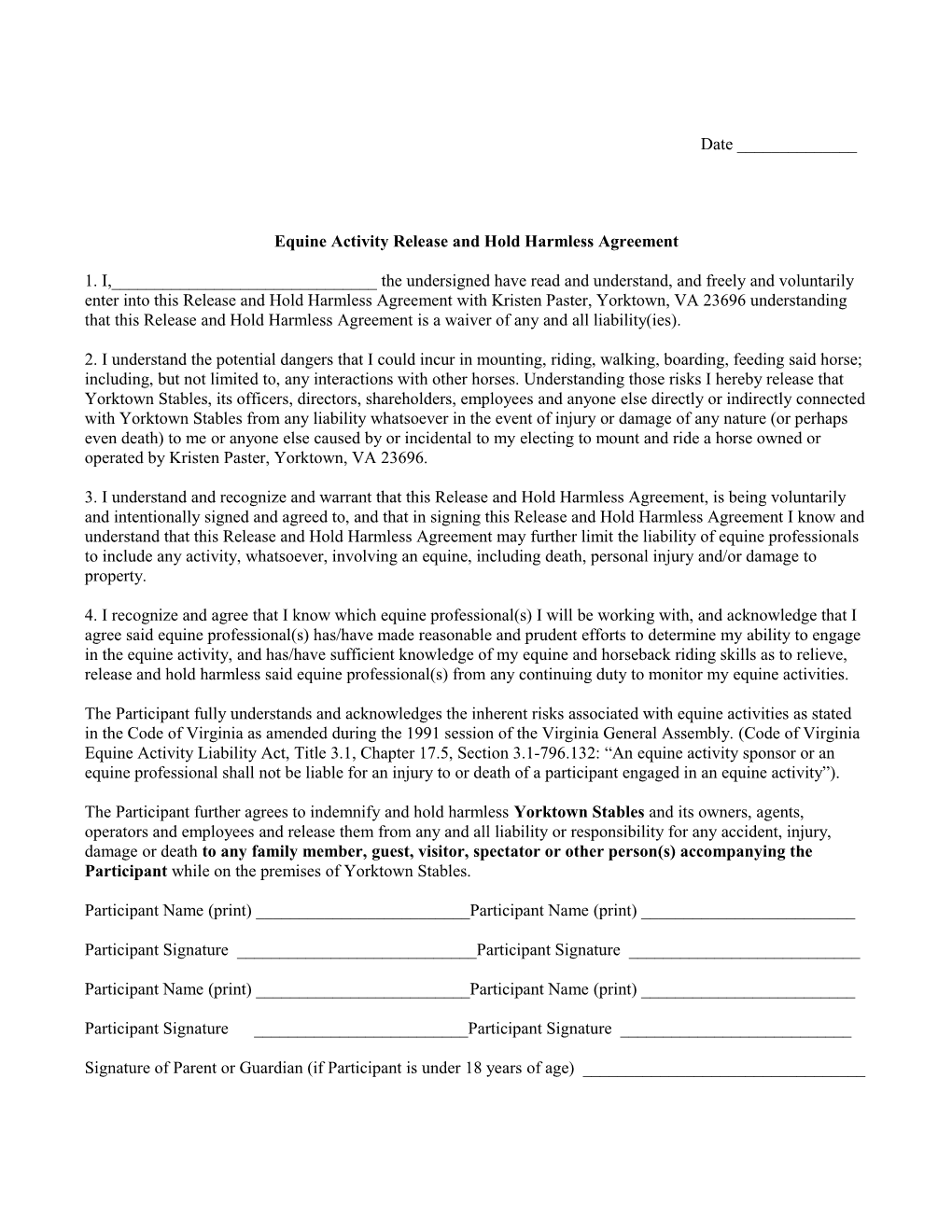 Equine Activity Release and Hold Harmless Agreement