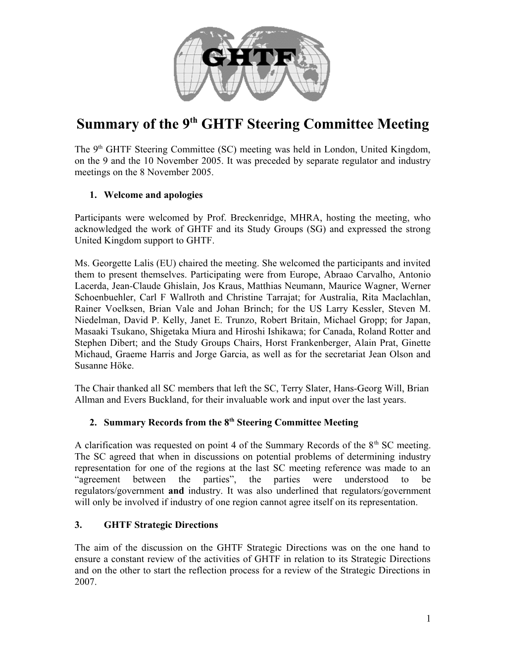 GHTF SC - Summary of the 9Th GHTF Steering Committee Meeting - November 2005
