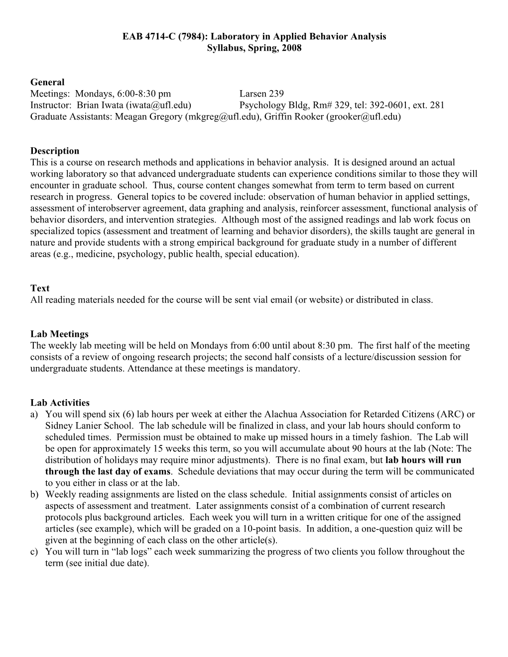 EAB 4714-C: Laboratory in Applied Behavior Analysis