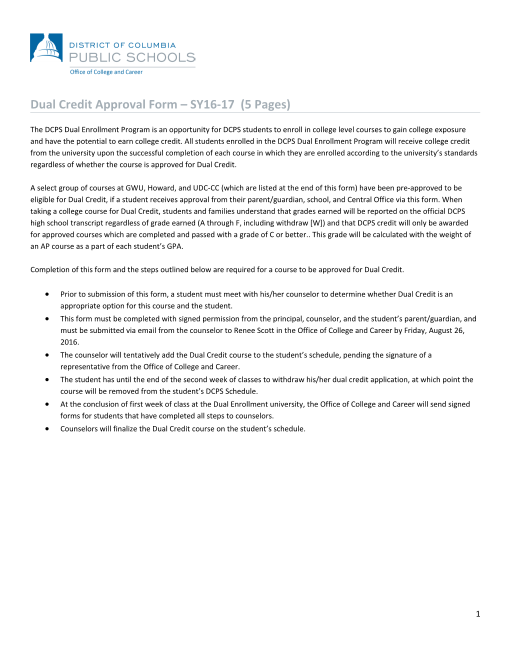 Dual Credit Approval Form SY16-17 (5 Pages)