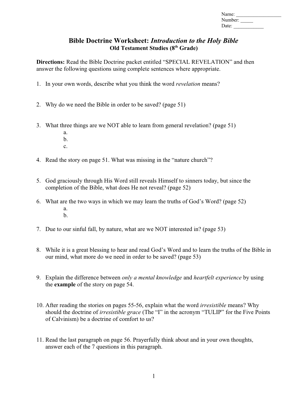 Bible Doctrine Worksheet: Introduction to the Holy Bible