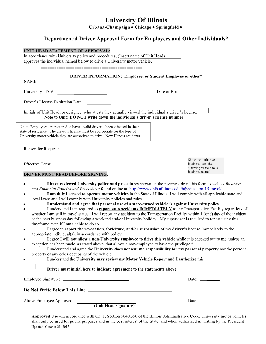 Departmental Driver Approval Form (Including Employees, Student Employees, and Others)