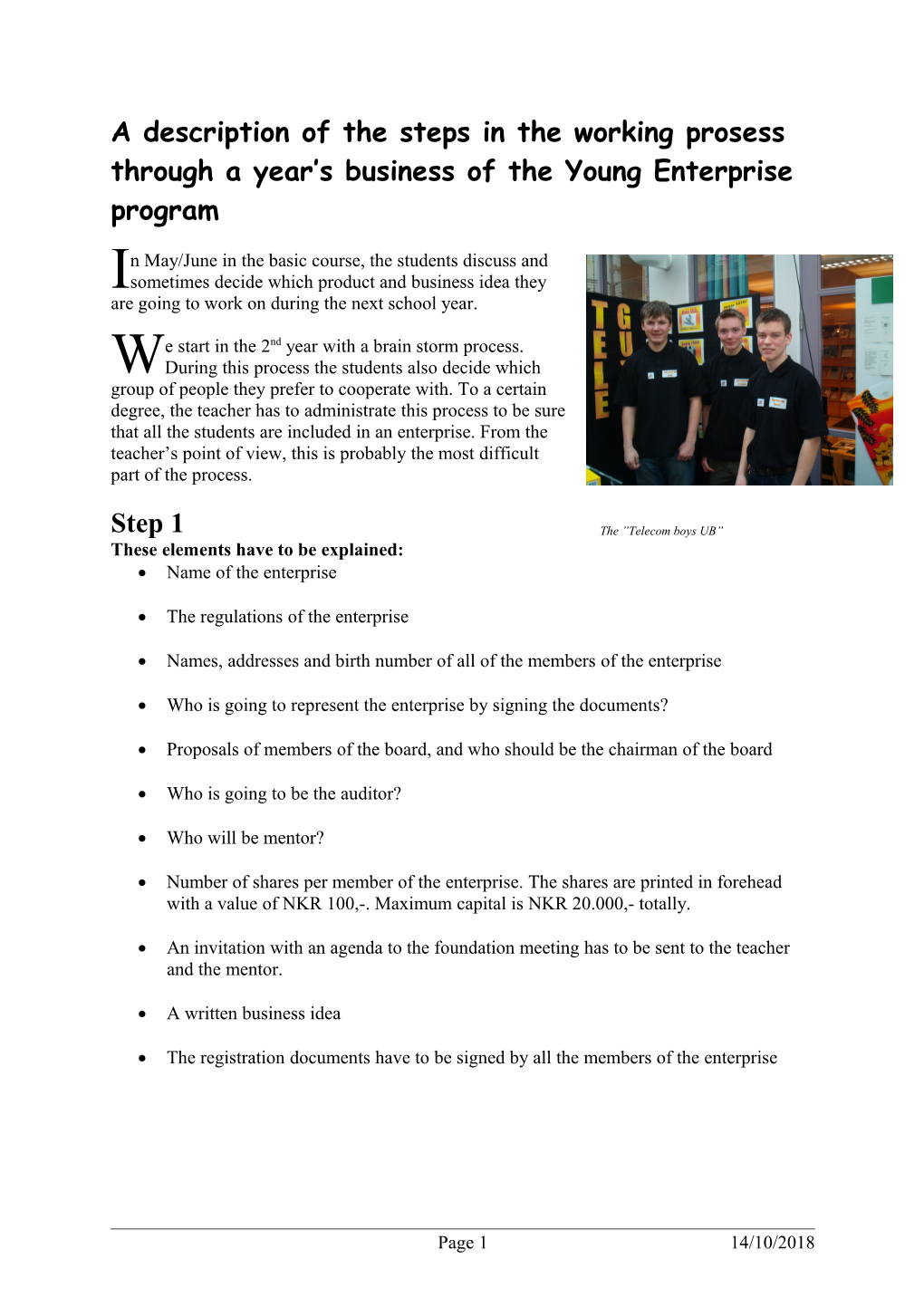 Steps in the Working Prosess Through a Years Business of the Student Business Enterprise