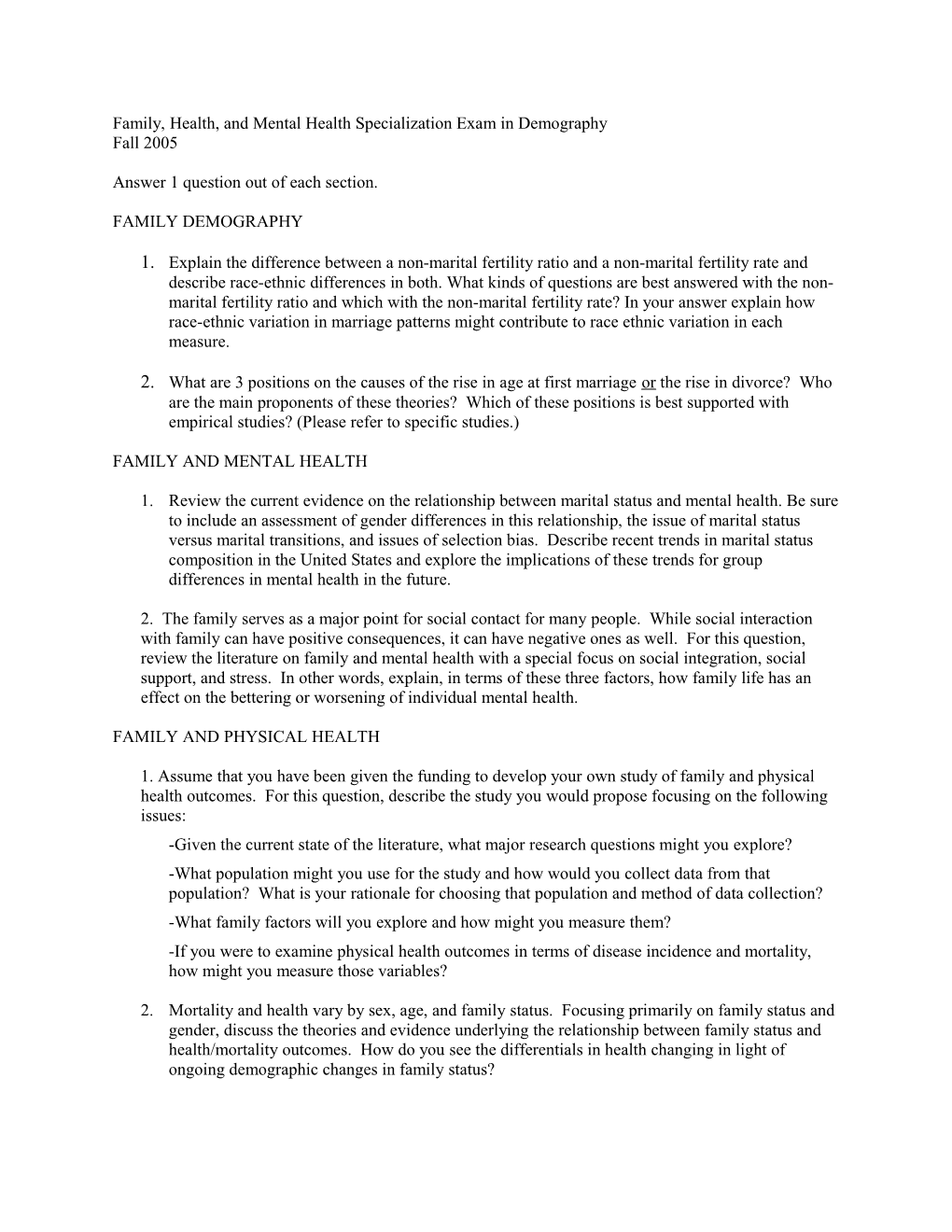 Family, Health, and Mental Health Specialization Exam in Demography