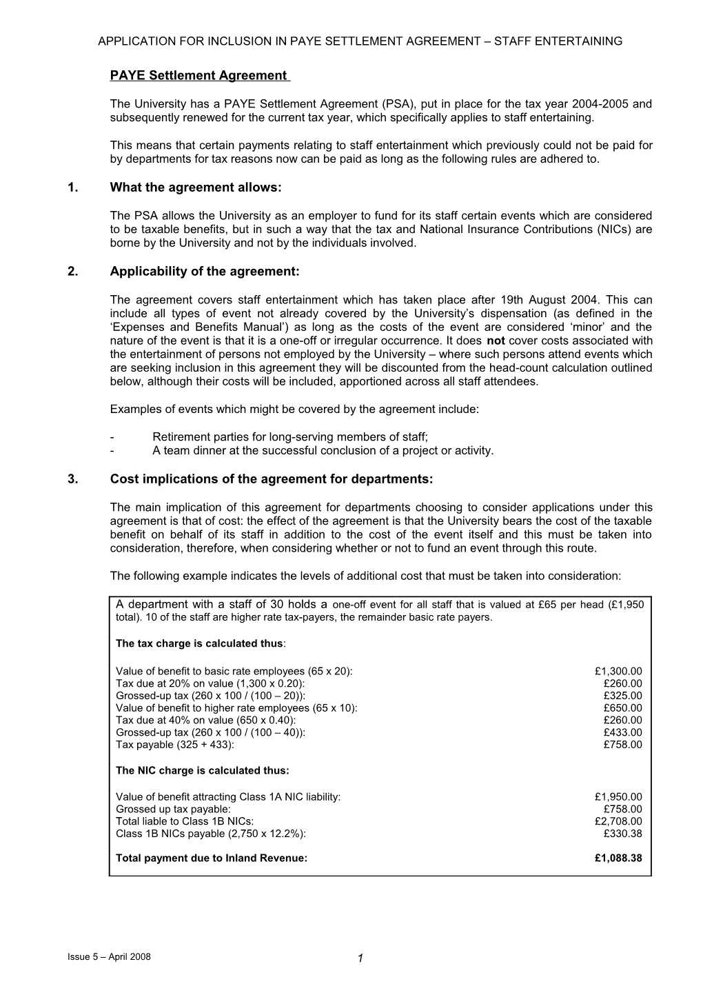 Application for Inclusion in Paye Settlement Agreement Staff Entertaining