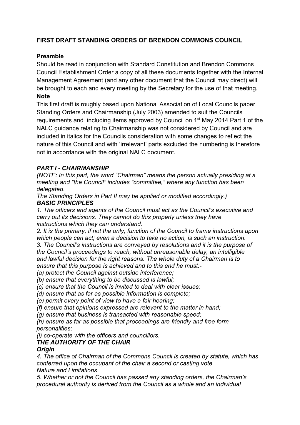 First Draft Standing Orders of Brendon Commons Council