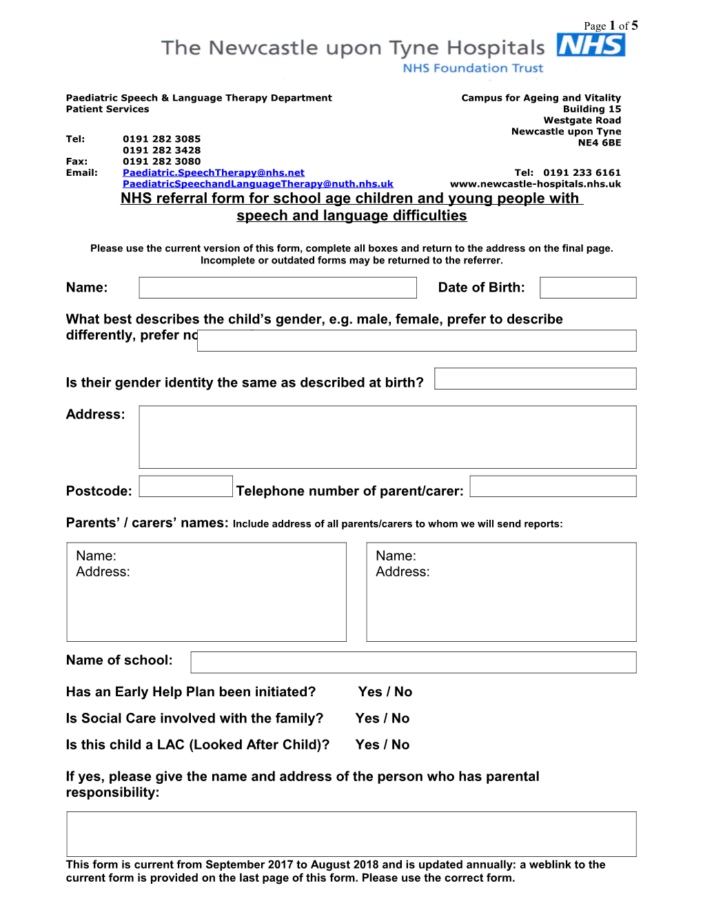 NHS Referral Form for School Age Children and Young People With
