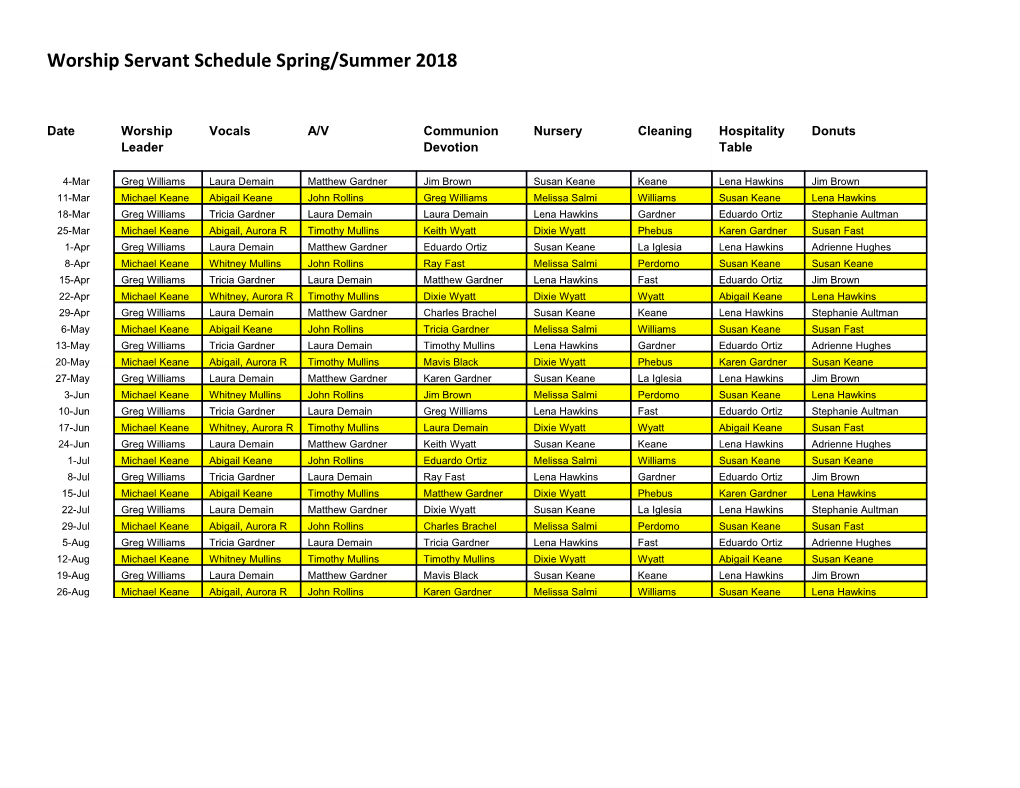 Worship Servant Schedule Spring/Summer 2018