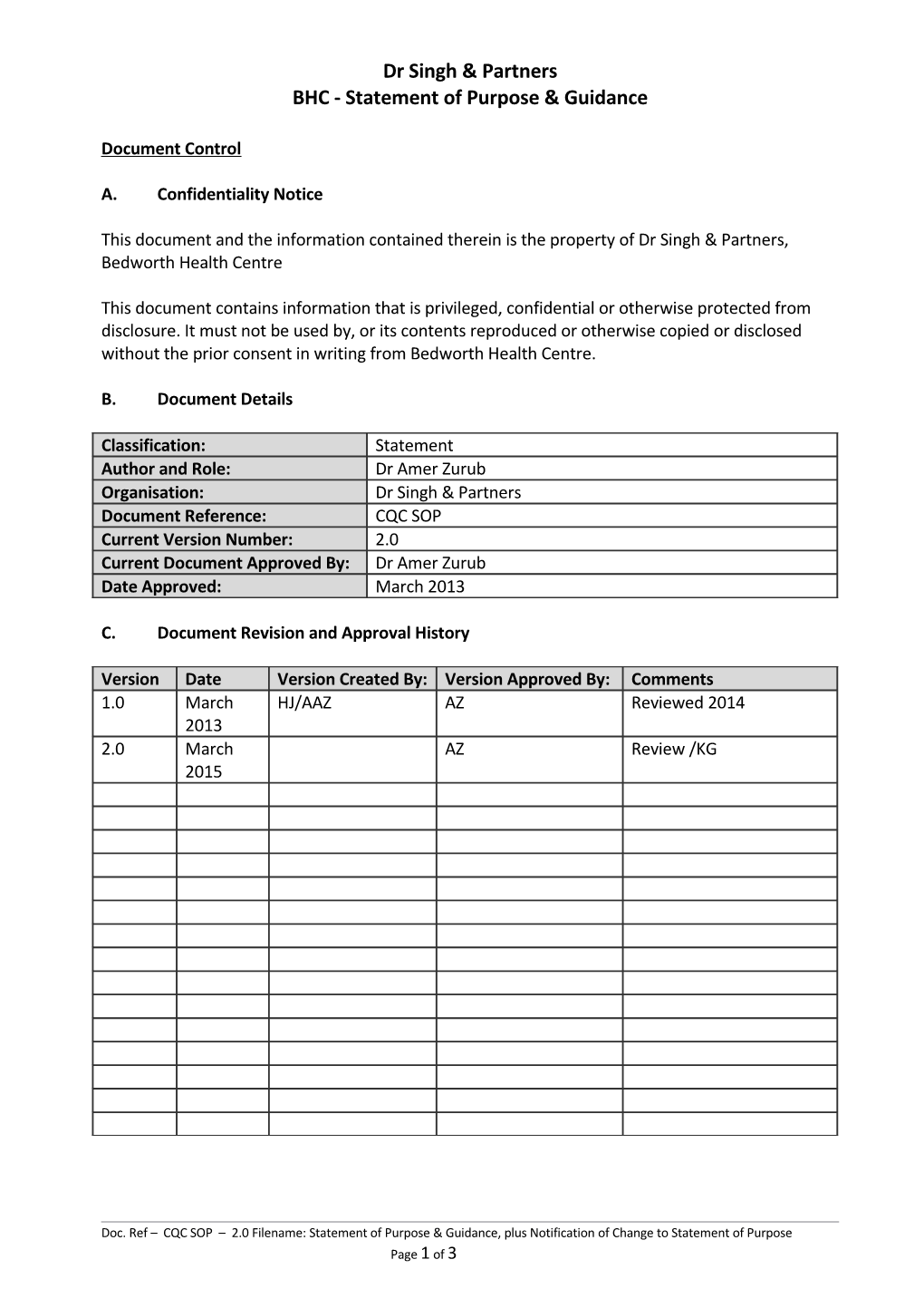 Statement of Purpose & Guidance, Plus Notification of Change to Statement of Purpose