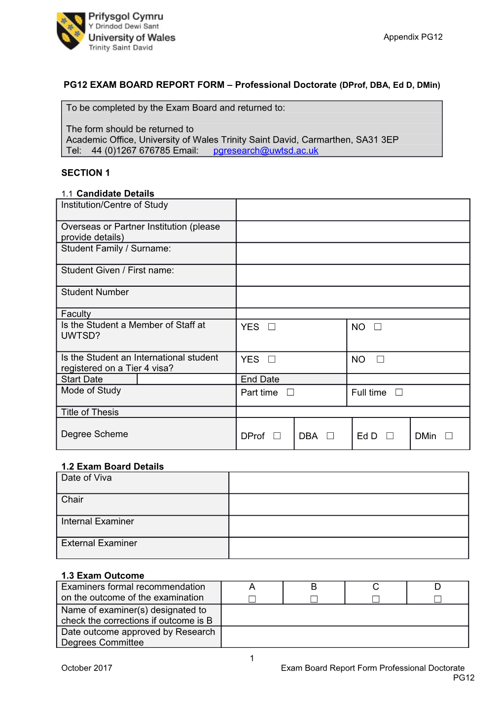 PG12 EXAM BOARD REPORT FORM Professional Doctorate(Dprof, DBA, Ed D, Dmin)