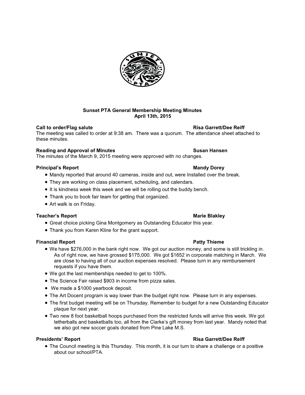 Sunset PTA General Membership Meeting Minutes