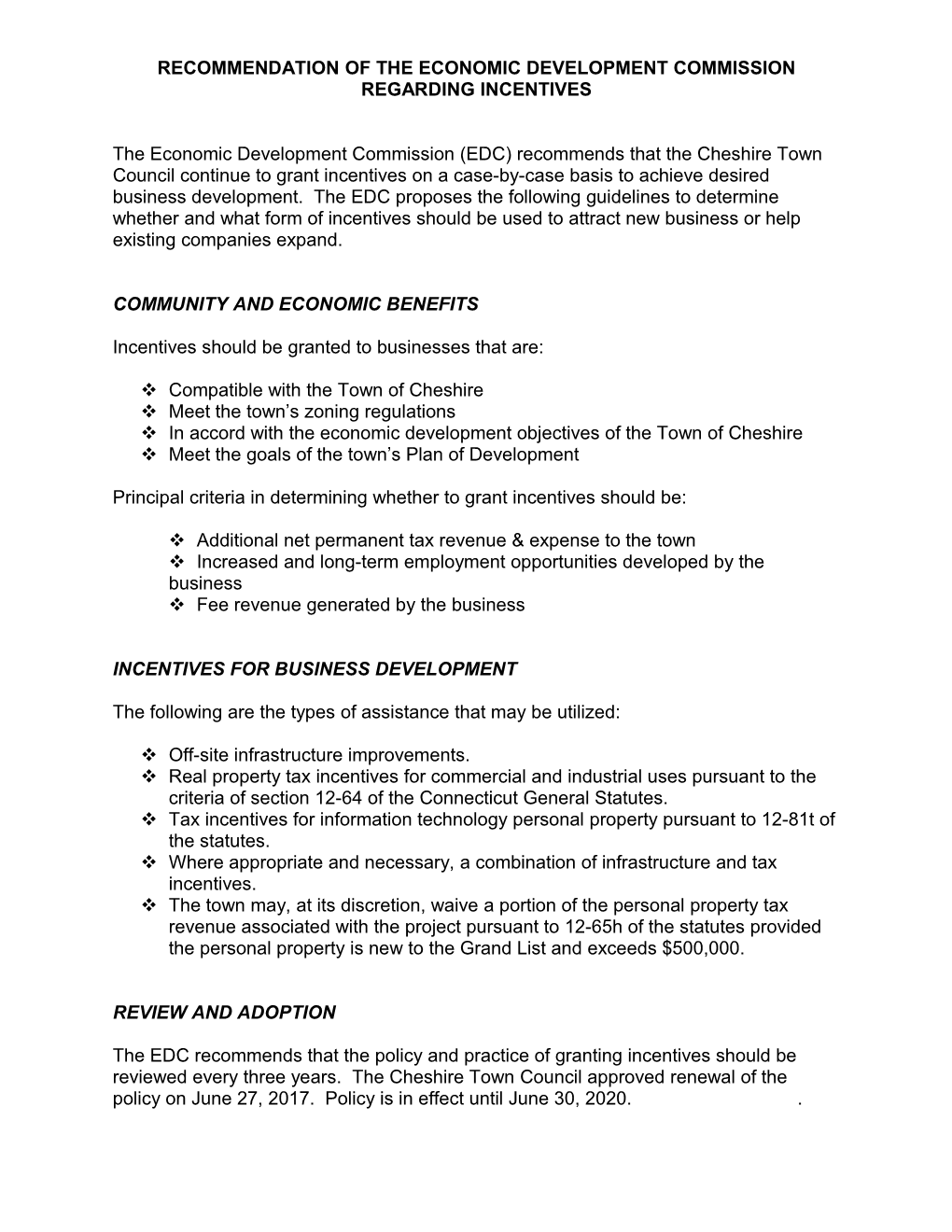 Recommendation of the Economic Development Commission Regarding Incentives