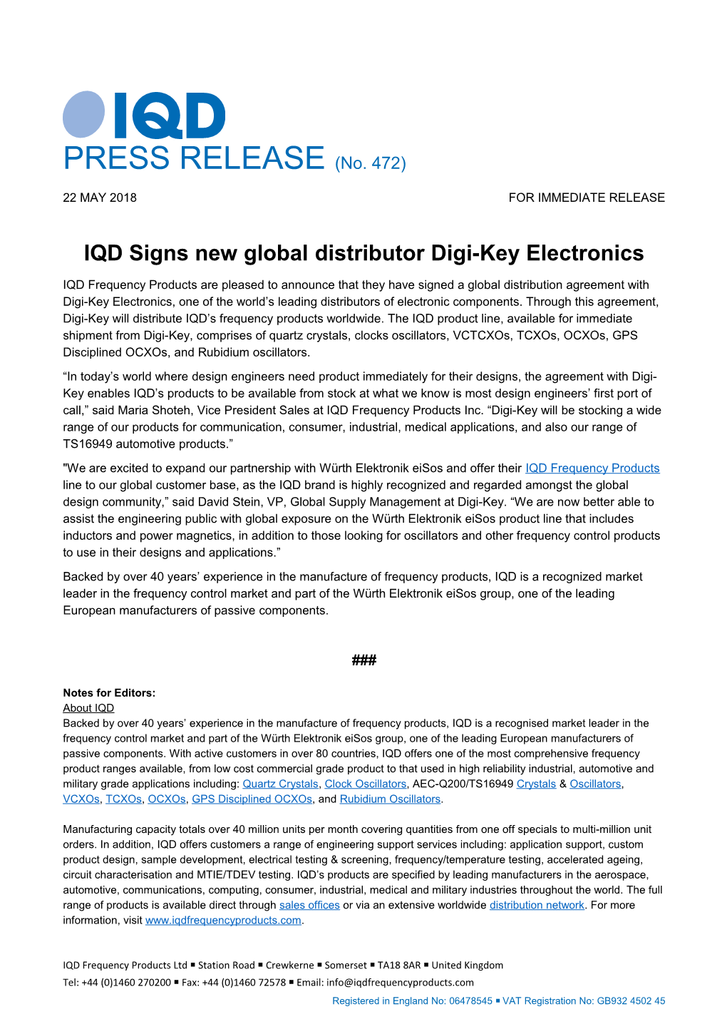 IQD Signs New Global Distributor Digi-Key Electronics