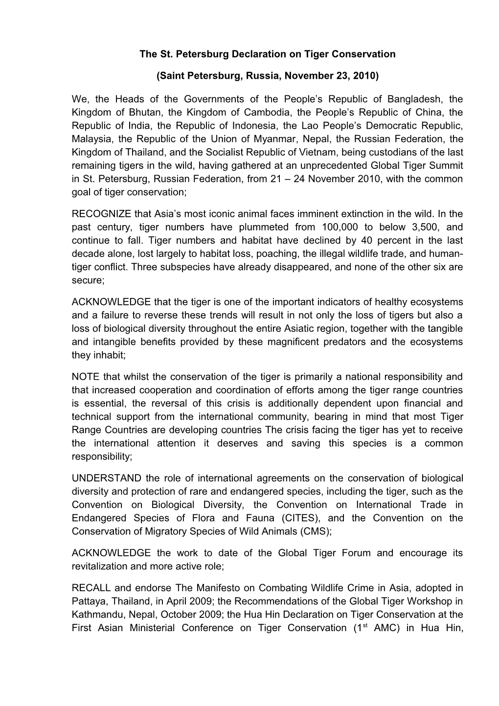 The St. Petersburg Declaration on Tiger Conservation