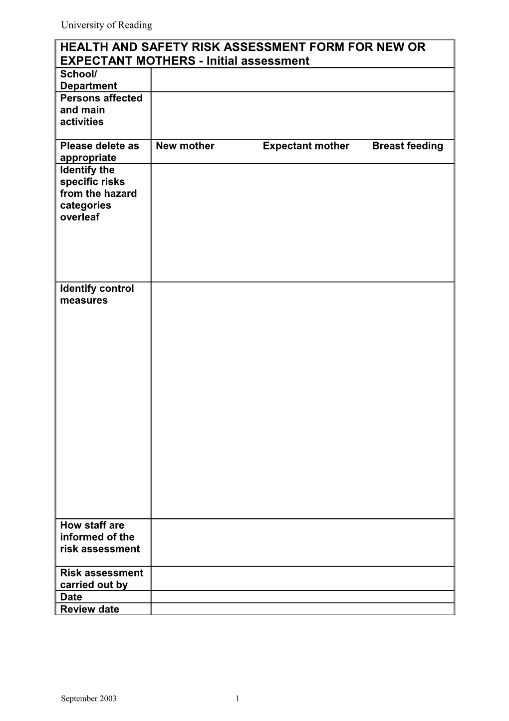 HEALTH and SAFETY RISK ASSESSMENT FORM for NEW OR EXPECTANT MOTHERS - Initial Assessment